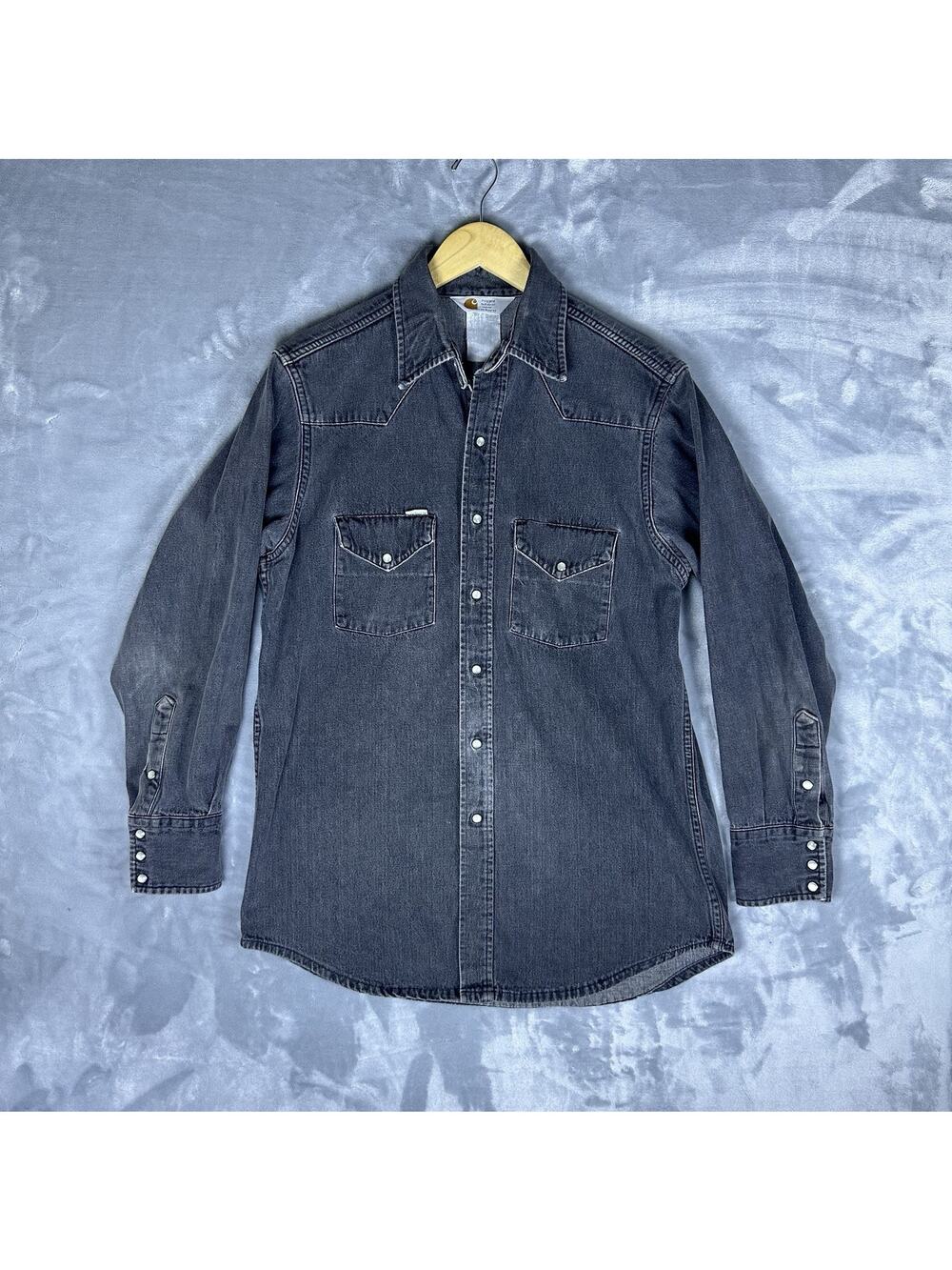 Vintage Carhartt Pearl Snap Western Black Denim Shirt Mens Sz M Jacket